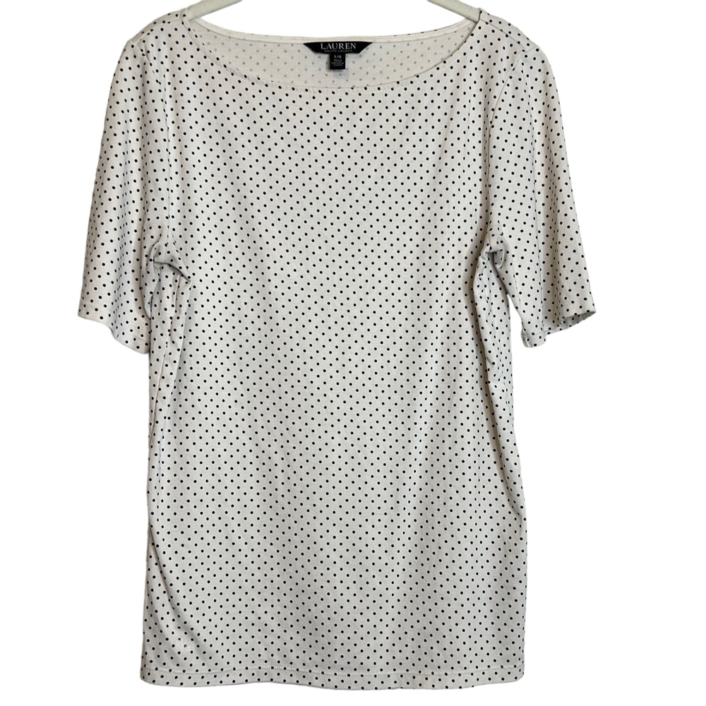 Ralph Lauren Womens Tee Size Large White Black Polka Dot Cotton Elastane
